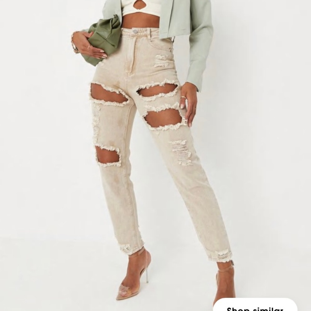 Missguided Beige Distressed Ripped Jeans 6